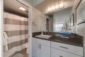 Hair dryer, towels, soap, toilet paper