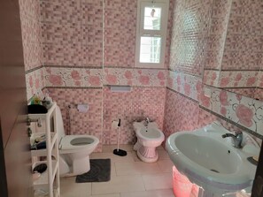 Secador de cabelo, bidê, toalhas de banho, sabonete