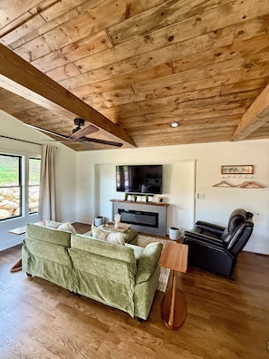 Smart TV, fireplace, books