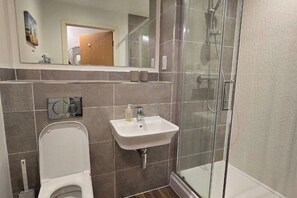 Secadora de cabello, toallas, jabón, papel de baño