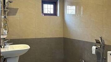 Bidet, towels, soap, toilet paper