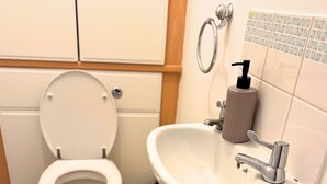 Une salle de bain avec des toilettes, un lavabo et un tapis jaune sur le sol.