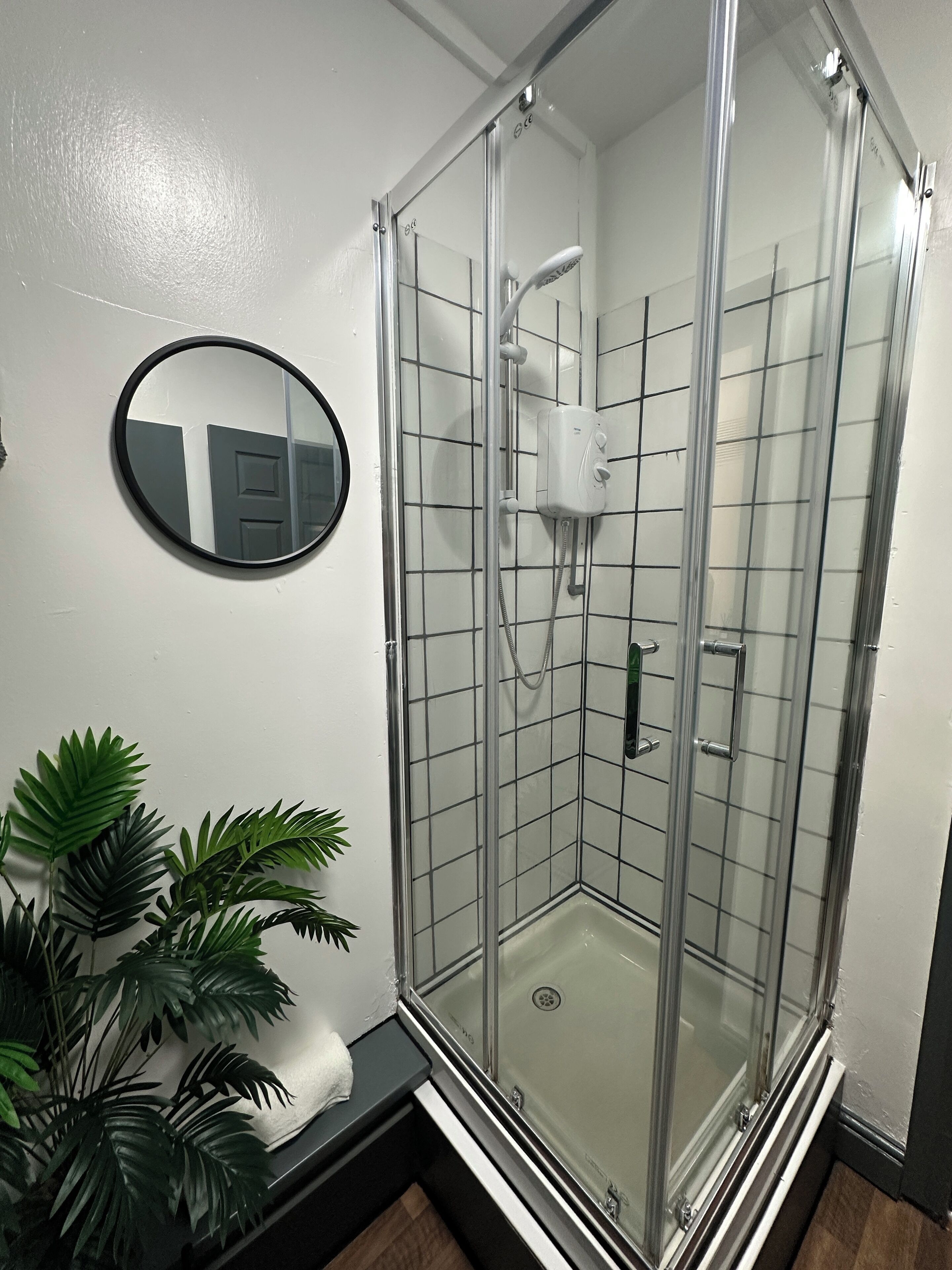 Shower, towels, soap, shampoo