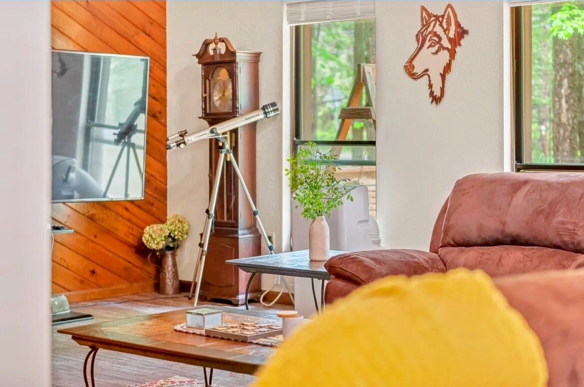 Een woonkamer met een houten wand, een telescoop, een schildersborden, een potplant en een bank.