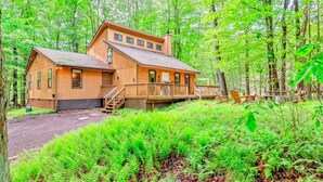 Una baita con rivestimento in legno, un patio ed è circondata da un bosco fitto.