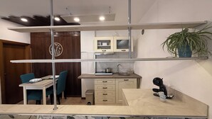 A compact kitchen with a built-in stove, a sink, and a countertop. There is a dining table with chairs and a potted plant on a shelf above the counter. - Casa MaNà Trevi, your Country Chic retreat for a dolce far niente in Umbria (Trevi)