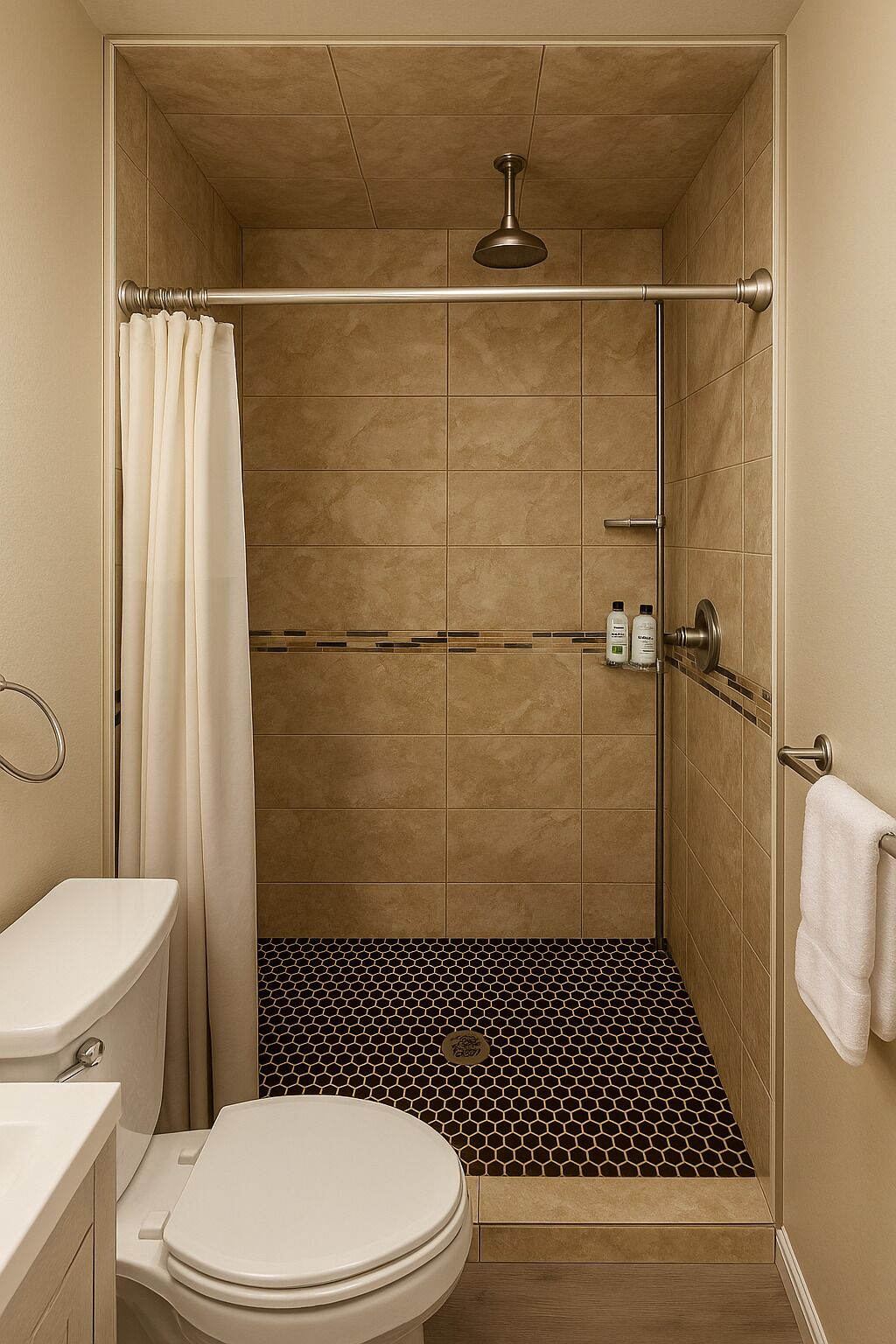 A bathroom with a shower, toilet, and sink.