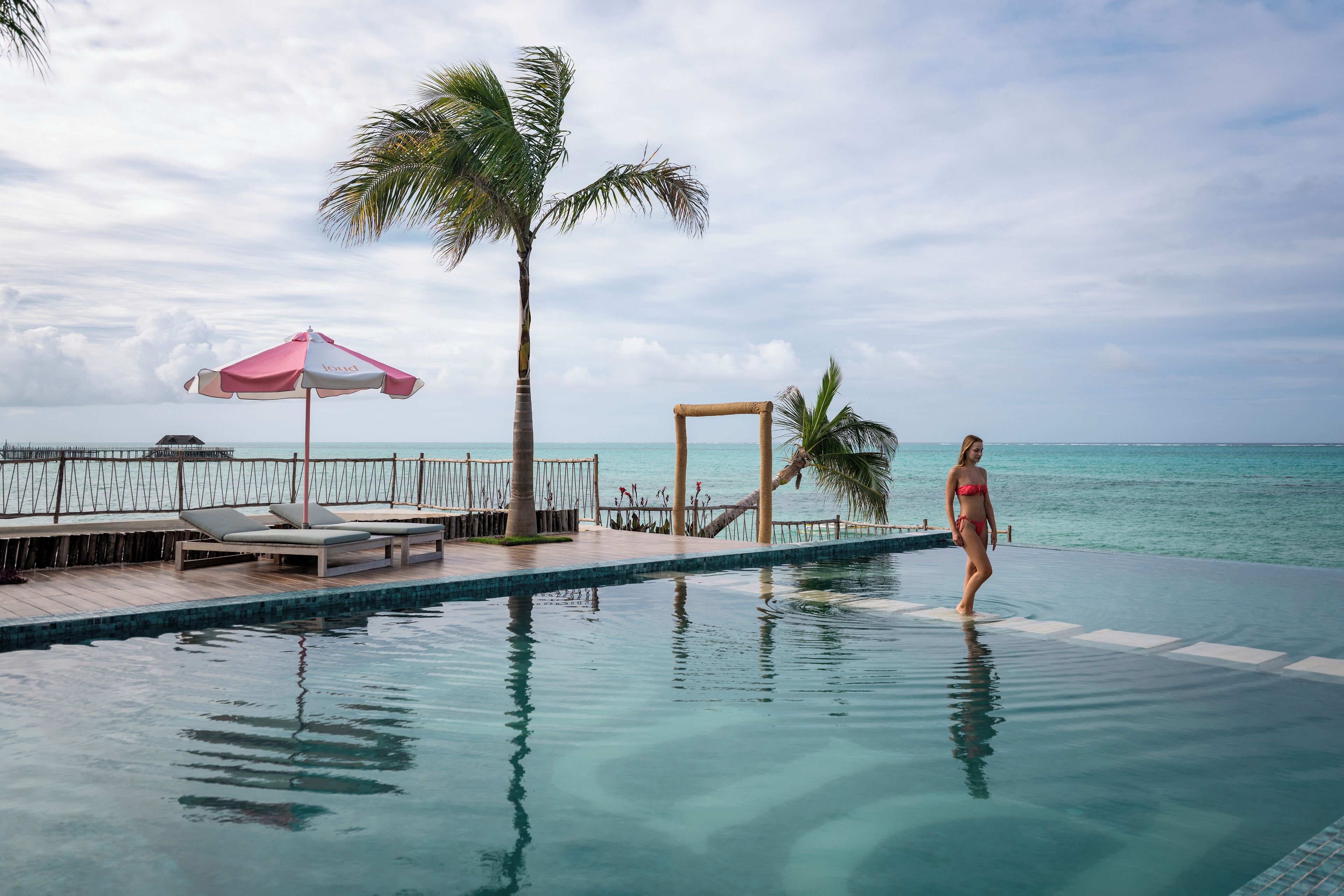 A poolside area with lounge chairs, a palm tree, and a view of the ocean.
