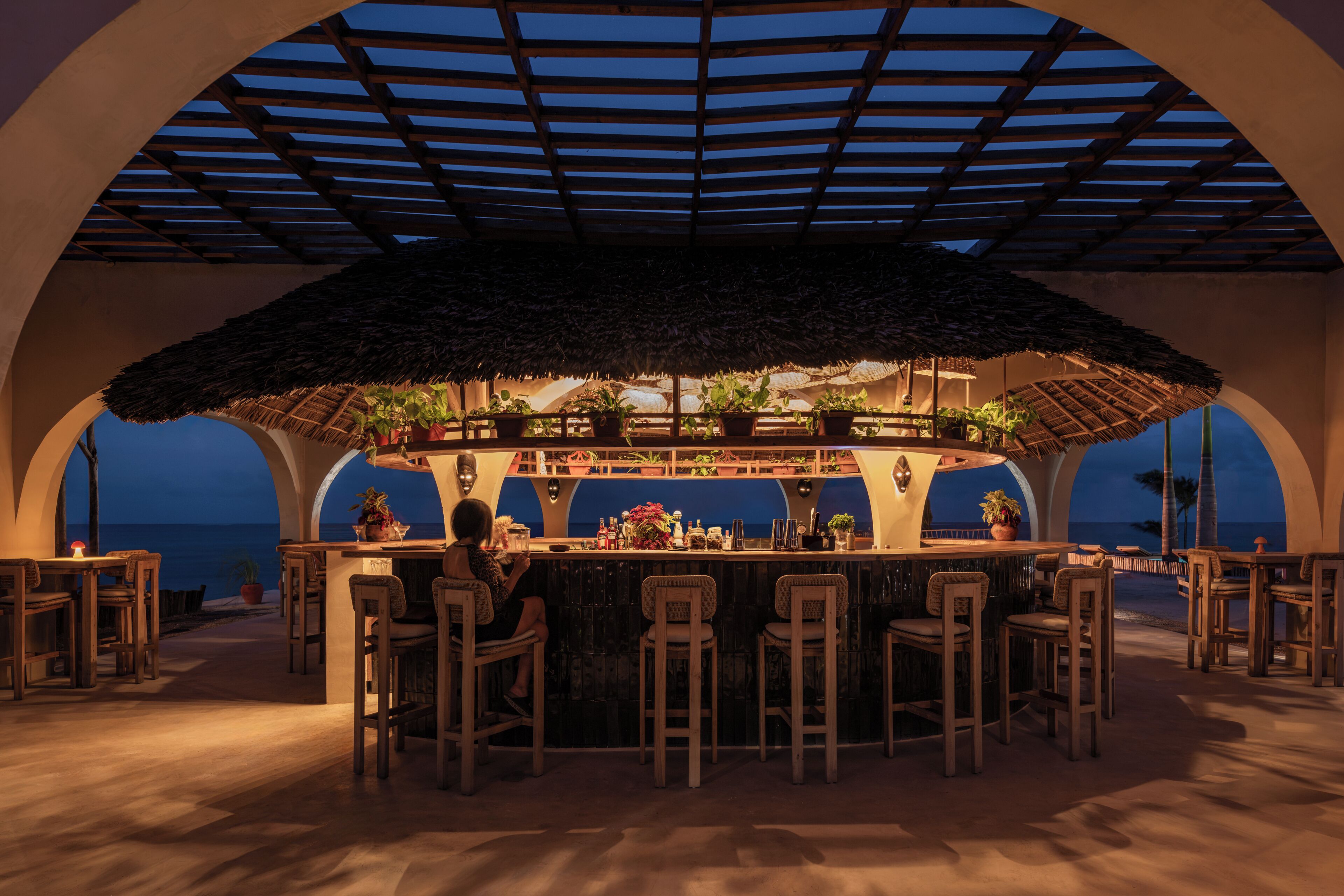 An outdoor bar area with a thatched roof, potted plants, and a view of the sea.