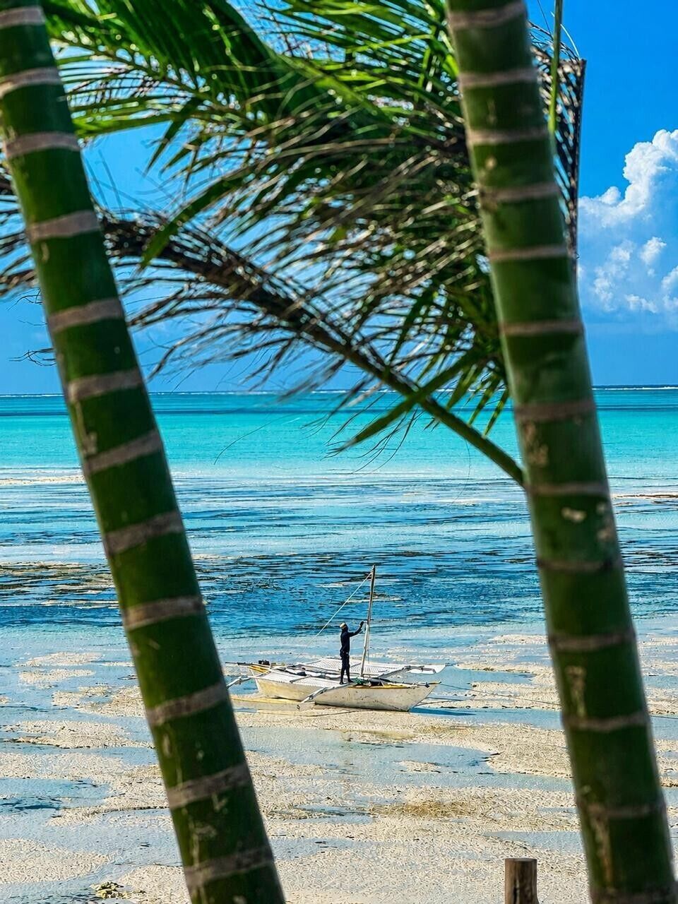 Na praia, areia branca, espreguiçadeiras, guarda-sóis 