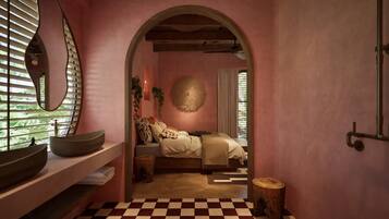 Separate tub and shower, hair dryer, slippers, towels