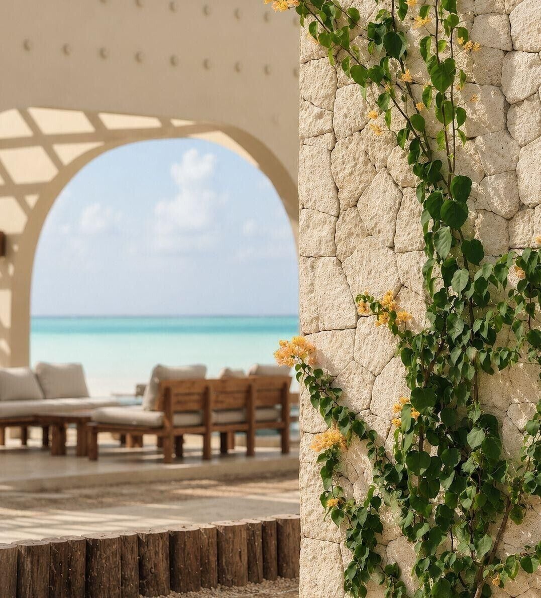 A stone wall with climbing plants and a view of a beach through an arched doorway.