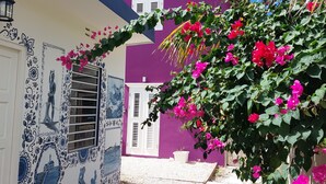 A building with a purple facade, white shutters, and a decorative wall with blue patterns.