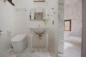 Hair dryer, towels, soap, toilet paper