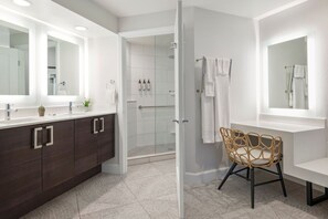Douche, sèche-cheveux, serviettes fournies, savon