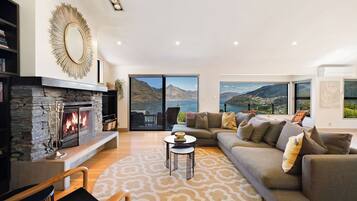 Smart TV, fireplace, books