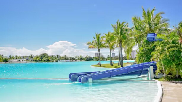 A pool area with a water slide, palm trees, and a clear blue sky.