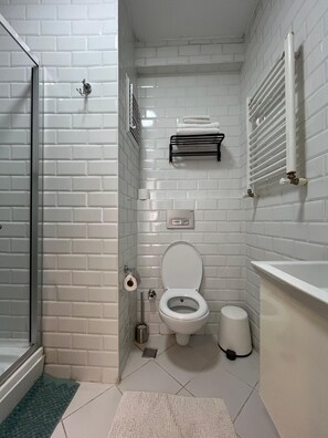 Douche, sèche-cheveux, bidet, serviettes fournies