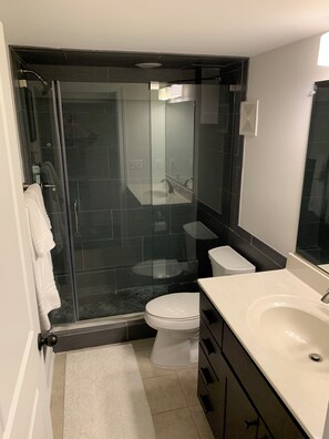 Shower, hair dryer, towels, soap