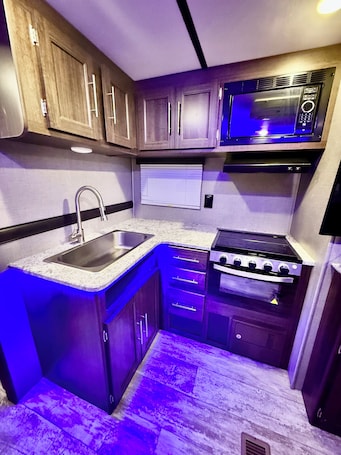 Fridge, microwave, oven, stovetop. Cozy Glamping at Keystone Lake: Boat Rental, Hiking, Campfire, Serene Outdoors