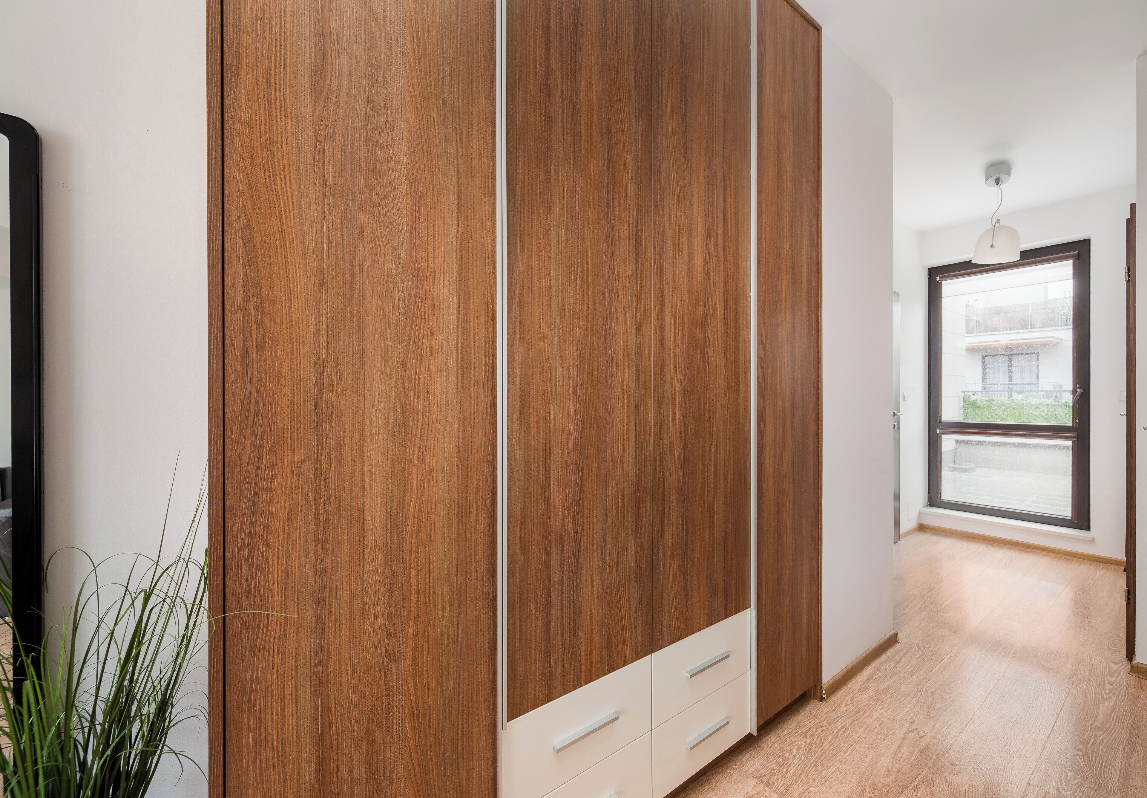 A room with a large wooden wardrobe, a potted plant, and a view of the outside through a window.