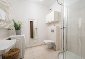 Shower, hair dryer, towels