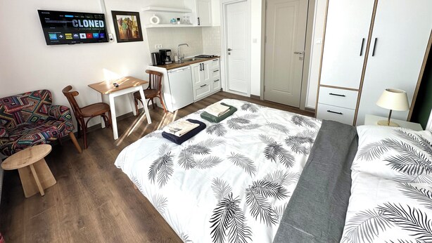 Une pièce de taille modeste comprenant un lit, un petit bureau, une chaise, un canapé, un coin cuisine et une armoire.