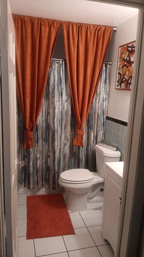 Hair dryer, towels, soap, toilet paper