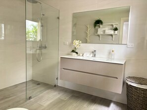 Hair dryer, bidet, towels, soap