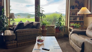 A living room with a sofa, a coffee table, and a bookshelf. There are potted plants and a lamp. - Spacious 4-bedroom house with private Sauna, Hot tub, Fitness room in Big Sky (Big Sky)