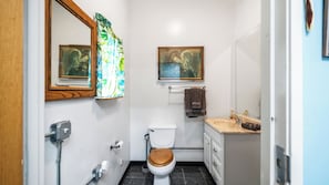 Hair dryer, towels, soap, toilet paper