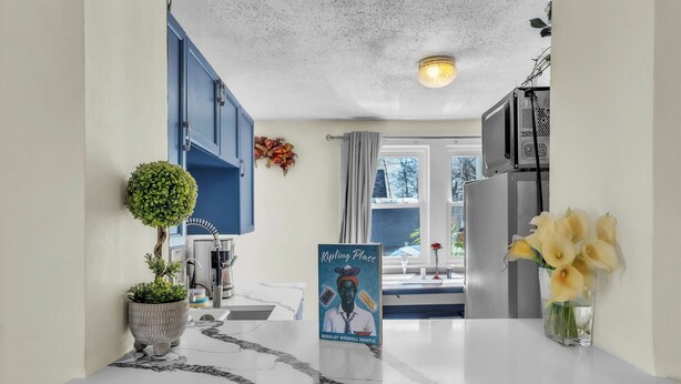 Een keuken met een marmeren aanrecht, blauwe kastjes, een potplant, een ingelijst beeld en een vaas met bloemen.