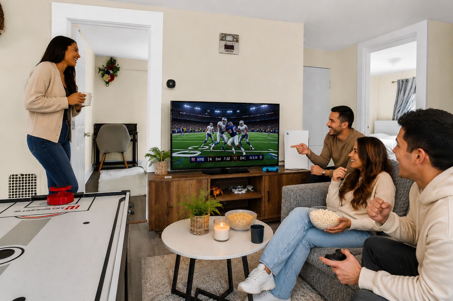 Una sala de estar con televisión de pantalla plana, una mesa de centro y un sofá.