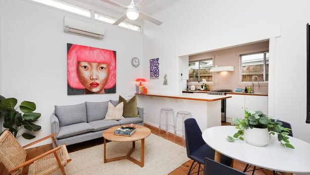 A modern apartment with a living room, dining area, and kitchen. - 2BR Home with Private Backyard, Free Parking, Fast Wi-Fi - 3-Min Walk to Yarraville Village (Yarraville)