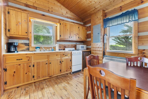 Fridge, microwave, coffee/tea maker, toaster