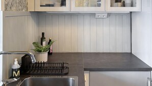 A kitchen with a stainless steel sink, a dish rack, a potted plant, and two bottles of wine.