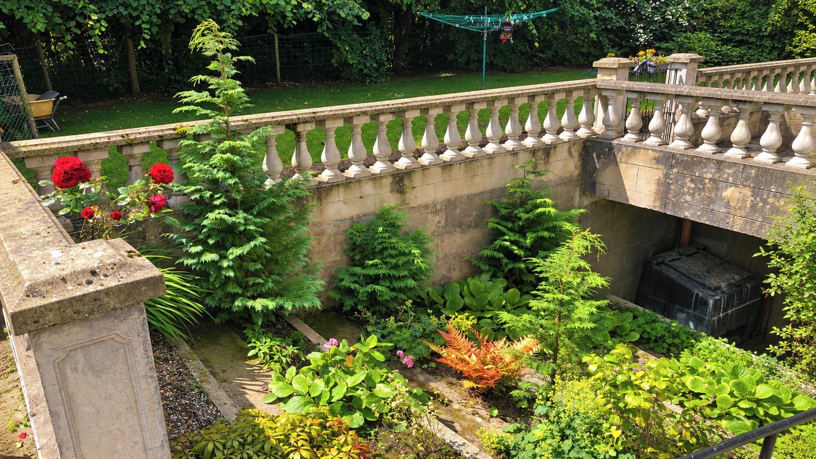 A garden with a stone wall, various plants, and a metal fence.