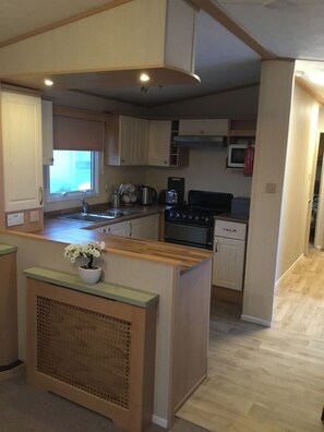 Een koelkast, een microgolfoven, een oven, een kookplaat