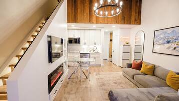 Smart TV, fireplace, foosball, table tennis