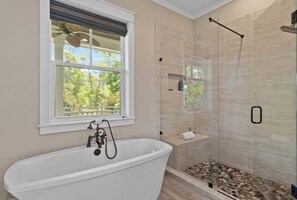 Shower, hair dryer, shampoo