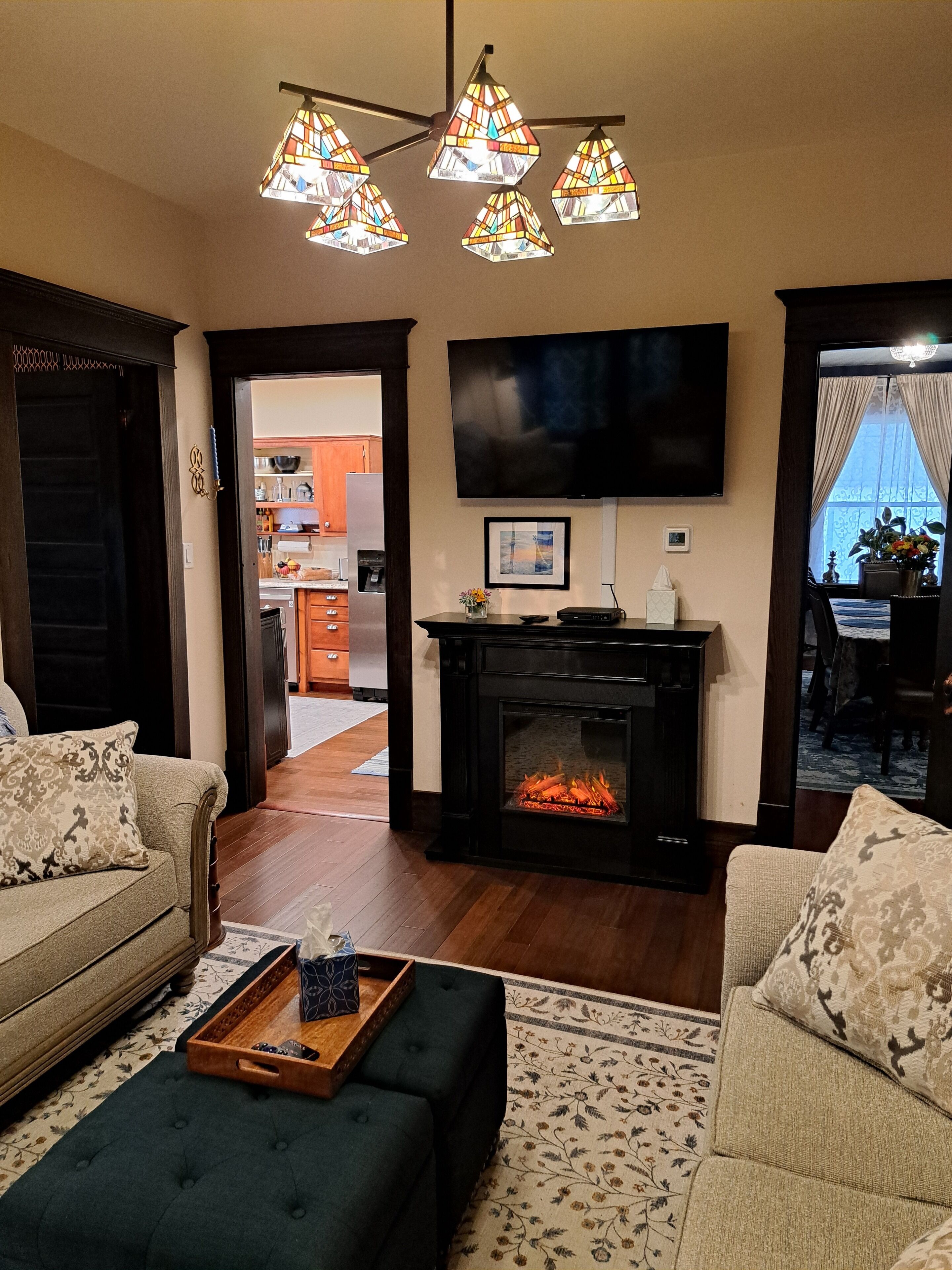 智能电视、壁炉、DVD 播放器、书