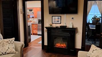 TV connectée, cheminée, lecteur de DVD, livres
