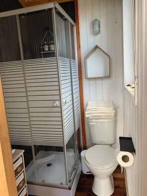 Hair dryer, towels, soap, toilet paper