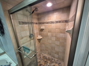 Shower, hair dryer, towels, toilet paper