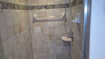 Regadera, secadora de cabello, toallas, papel de baño