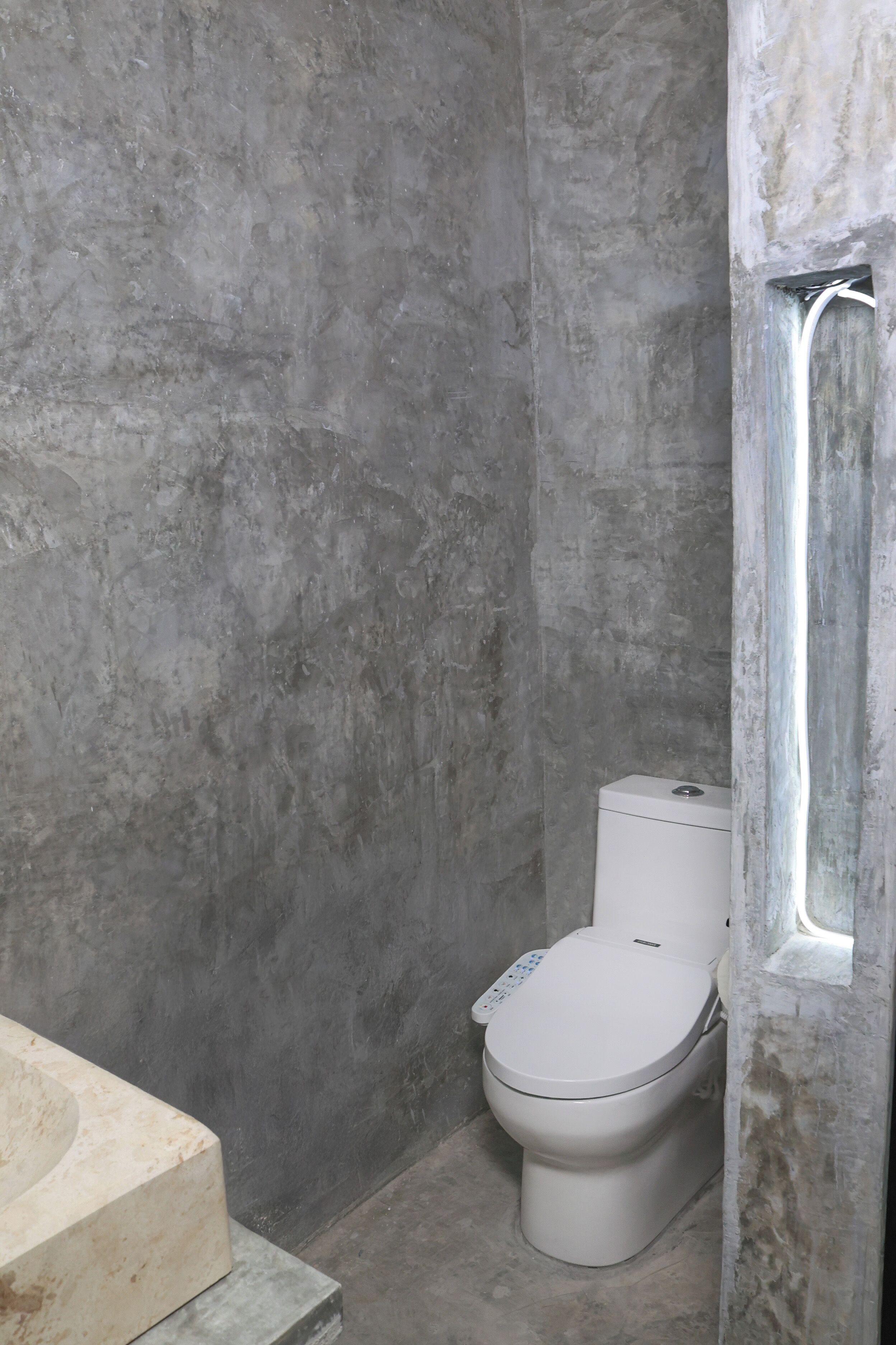 A bathroom with a white toilet, a bathtub, and a concrete wall.