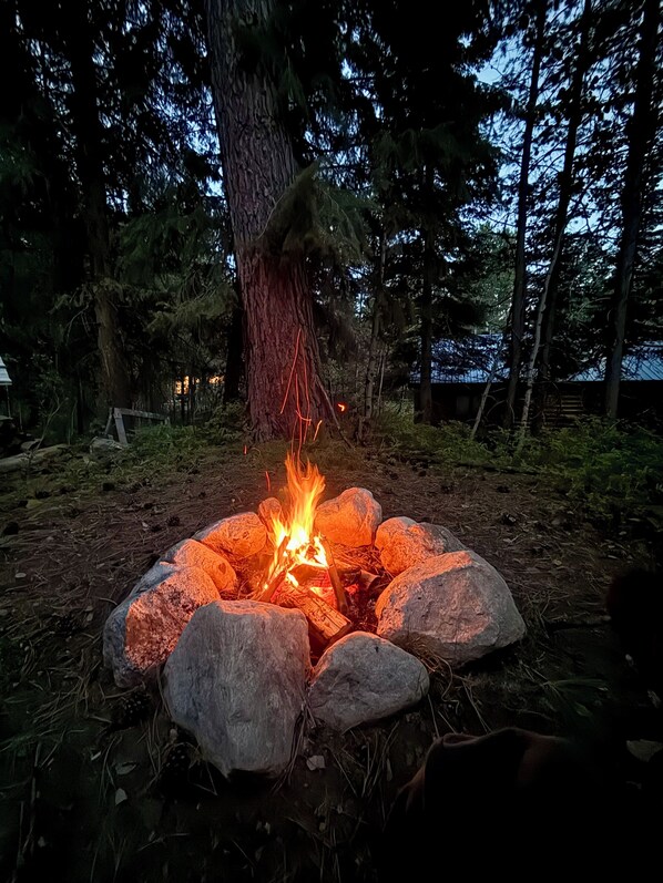 A campfire surrounded by rocks in a forested area.