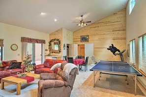 TV, fireplace, ping pong, books - Game Room & Deck: Pet-Friendly Camp Connell Cabin (Camp Connell)
