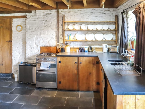 Une cuisine rustique avec un mur en pierre, des armoires en bois, un poêle et un évier.