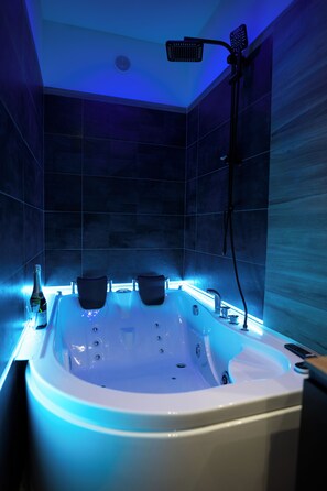Jetted bath, hair dryer, bidet, towels